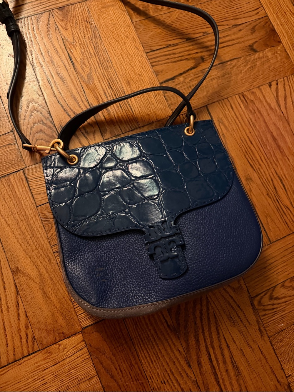 Tory Burch Mcgraw Blue Croc Leather & Suede Crossbosy Convertable Top Handle Bag